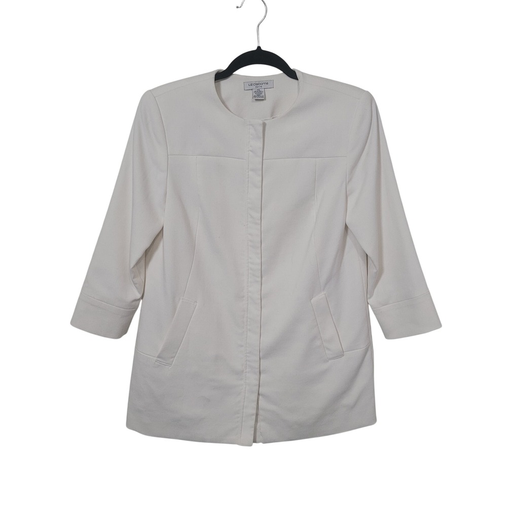Liz Claiborne PM White Collarless Blazer Womens Petite 3/4 Sleeve Hidden Closure